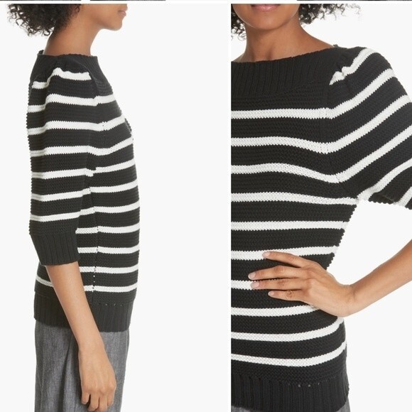 La Vie Rebecca Taylor Puff Sleeve Stripe Sweater in Black and White L NWOT - Picture 2 of 12